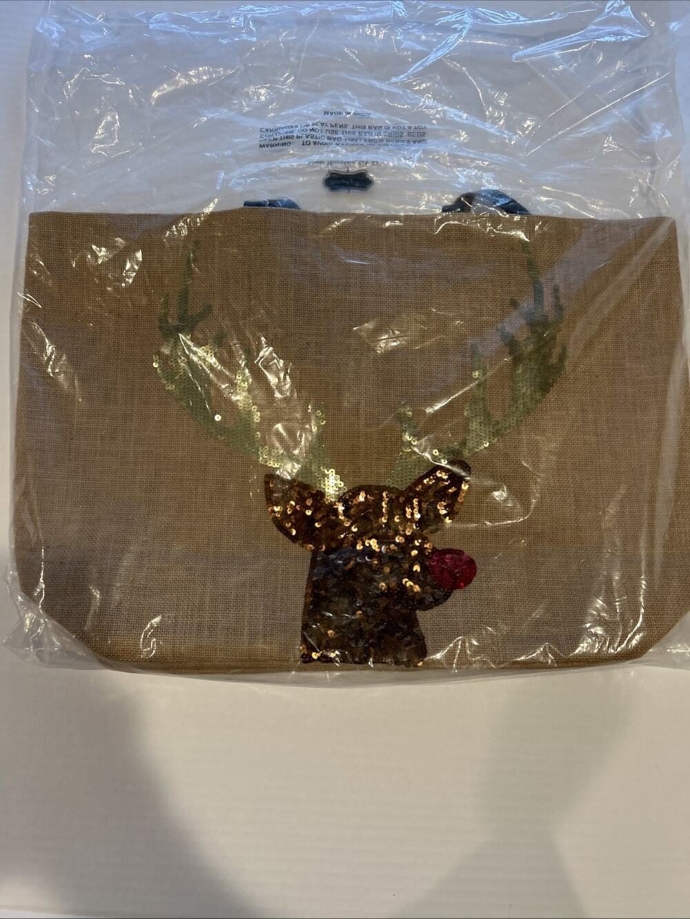Mud Pie Christmas Dazzle Jute Tote Bag -Sequin Rudolph Embellished NWT